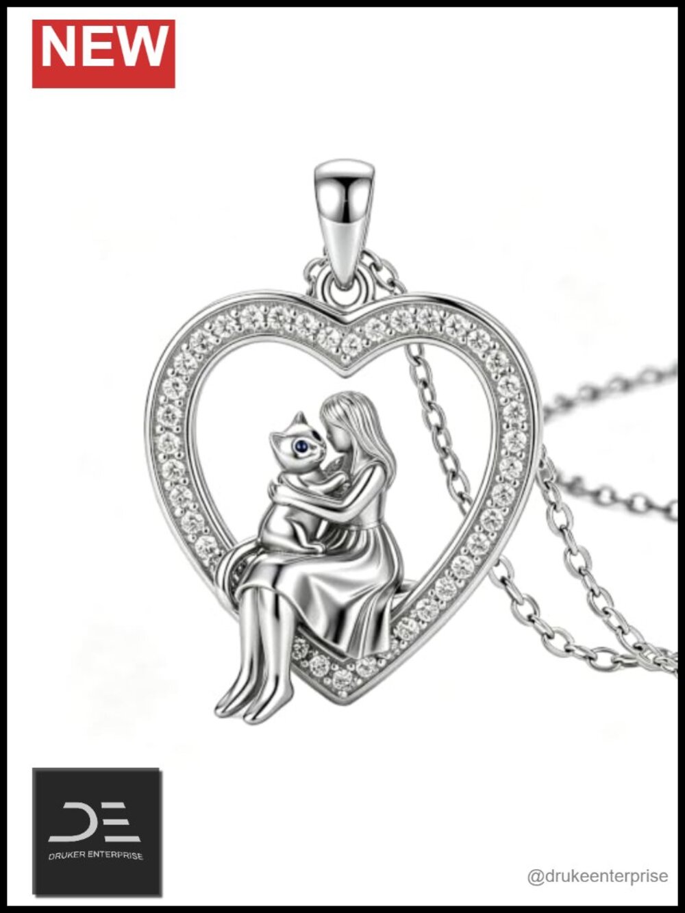 Sterling Silver Girl Hugging Cat Pendant Necklace